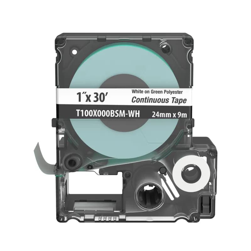 The T100X000BSM-WH Continuous Tape Cassette includes both label material and ribbon for easy changeover. Print custom pipe markers, voltage markers, signs, bin markers, and network identification labels on demand. For flat label applications only. For use with the MP300, MP200 and MP100 printers. Polyester. 1.0" x 30' (25.4 mm x 9.1 m). Color White on Light Green. 1 cassette per package.