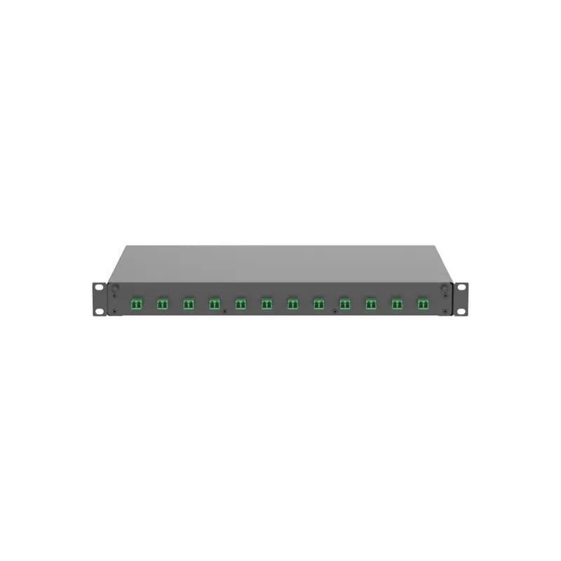 The fiber drawer is pre-loaded with 12 APC green duplex LC adapters with zirconia sleeves. It is black powdered coated steel and measures 1.73 inches H x 17.5 inches W x 12.1 inches D (44mm x 445mm x 308mm)