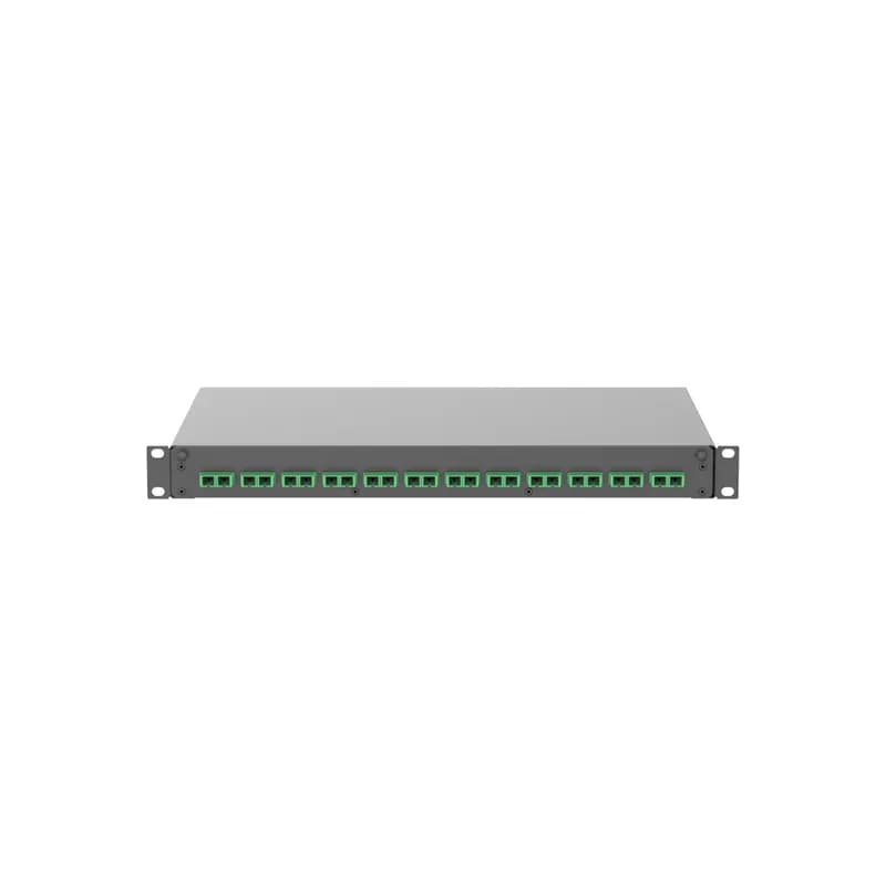 The fiber drawer is pre-loaded with 12 APC green duplex SC adapters with zirconia sleeves. It is black powdered coated steel and measures 1.73 inches H x 17.5 inches W x 12.1 inches D (44mm x 445mm x 308mm)