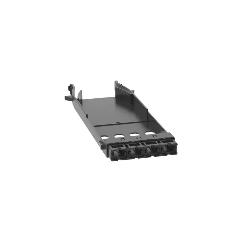 This HD Flex Fiber Adapter Panel features 4 MPO ports with type A adapters. It features key MPO up to key MPO down adapters and is black.