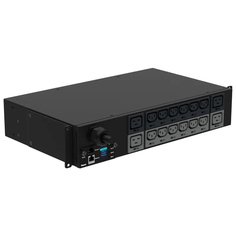 This Panduit G5 Monitored Input PDU features (12) C13 and (4) C19 outlets. It is a 32 amp, 230 V, single phase PDU with an IEC 60309 2P+E 6h 32A (IP44) input plug and a 10 foot (3m) power cord.