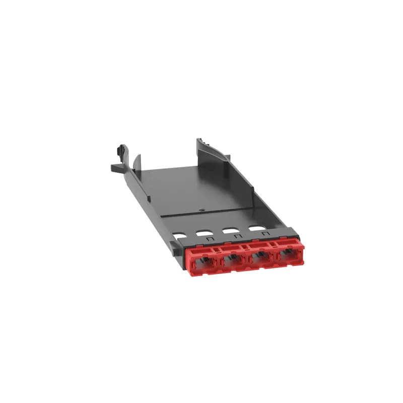 This HD Flex Fiber Adapter Panel features 4 MPO ports with type A adapters. It features key MPO up to key MPO down adapters and is red.