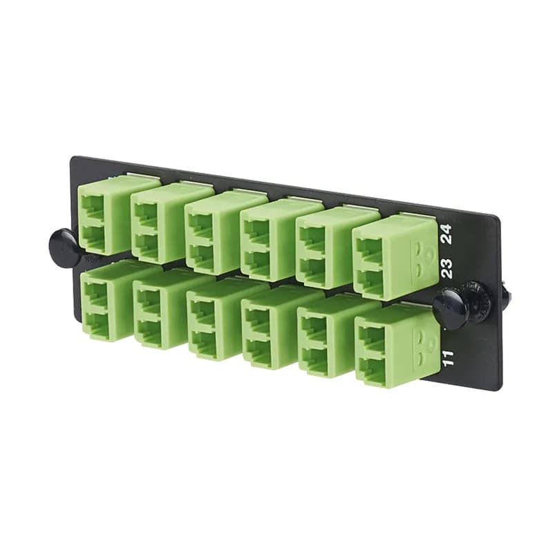 The Opticom LC fiber adapter panel is OM5 and is loaded with 12 LC duplex fiber optic adapters. The fiber optic adapters are lime with zirconia split sleeves.