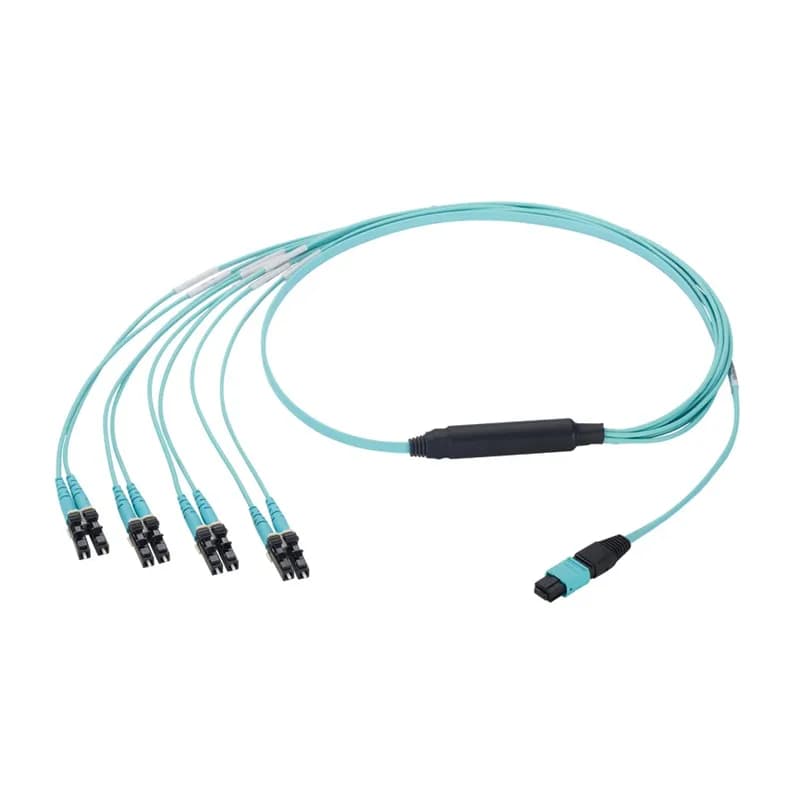 OM4 8-fiber, harness cable assembly, plenum (OFNP) rated, MPO female to LC duplex, 60CM (24 inches) equal breakout, 4 to 1, Std. IL. Aqua, 8 meters