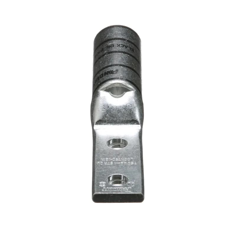 The LCCN500-12W-6 Tin Plated Copper Compression Lug, two-hole, long barrel, narrow tongue has color-coded barrels marked with Panduit and specified competitor die index numbers for proper crimp die selection. The long barrel maximizes the number of crimps and provides premium wire pull-out strength and performance. An inspection window aids to visually assure full conductor insertion. UL Listed and CSA Certified to 35 KV and temperature rated to 90 C.