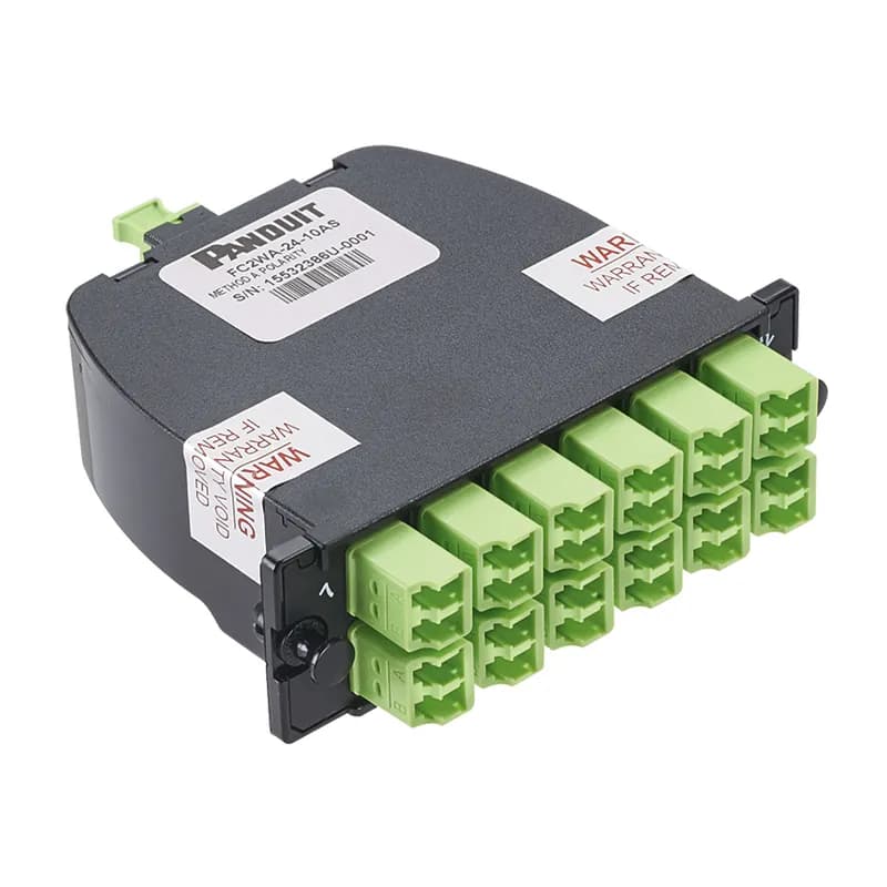Panduit FC2WO-24-10AF - The Opticom Fiber Cassette is OM5, and features 2 MPO to 12 duplex LC and supports 24 fibers total. It is optimized IL and uses Modified Method A polarity with flipped pairs. The cassette has a black cover with a black MPO connector and 12 lime LC adapters.