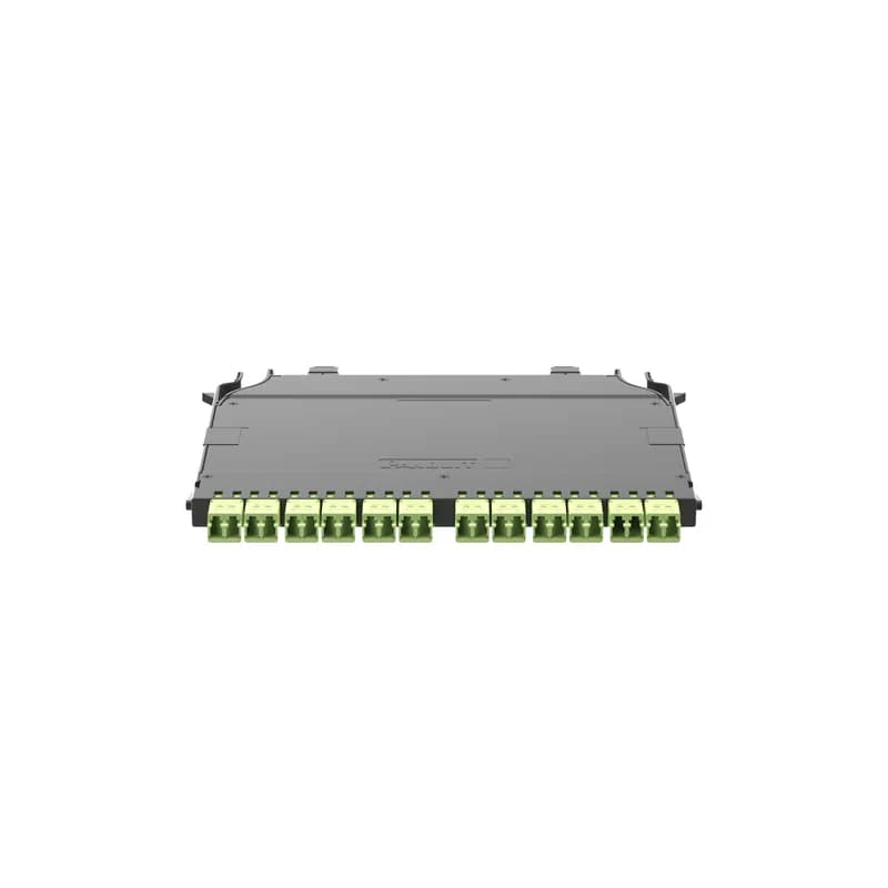 Panduit FHCWA-24-10U - The HD Flex Cassette is OM5 2 MPO to LC and supports 24 fibers total. It is ultra low level IL and uses Universal polarity. The cassette has a black cover with two black MPO connectors and 12 lime duplex LC adapters with integral shutters to prevent contamination.
