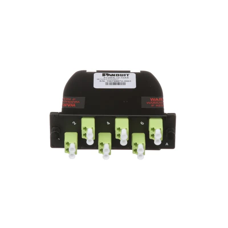 Panduit FC2WO-12-10AF - The Opticom Fiber Cassette is OM5, and features 1 MPO to 6 duplex LC and supports 12 fibers total. It is optimized IL and uses Modified Method A polarity with flipped pairs. The cassette has a black cover with a black MPO connector and 6 lime LC adapters.