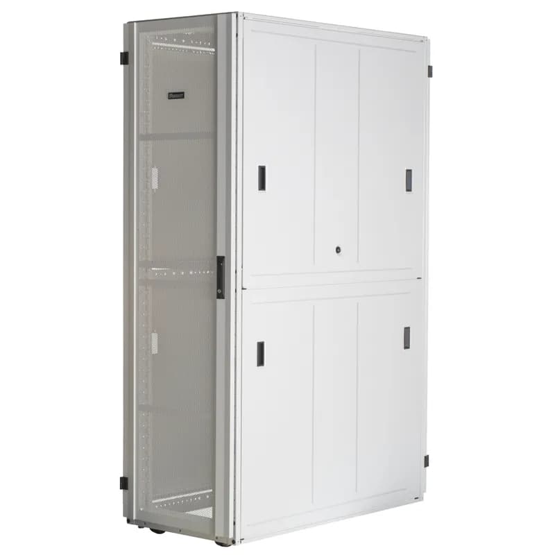600mm x 42RU x 1070mm, White, includes Single Hinged Perforated Front Door, Split Perforated Rear Door, Left and Right Side Panels, Cage Nut Equipment Rails, 1 Set PDU Mounting Bracket, Casters