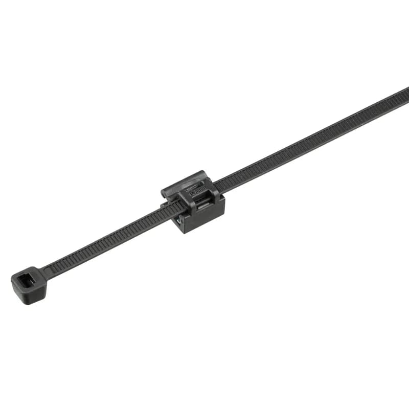 Panduit SVSB12-2S-D0 Solar-Version Edge Clip Cable Tie Assemblies are ideal for mounting to the edge of a solar frame and use the cable tie to suspend PV wire runs. Edge Clip mount is made of weather resistant Nylon 6.6 housing and a zinc-plated steel clip. For frame edge .028" (.7mm) to .118" (3mm) thick. Pre-assembled with a contractor-grade cable tie made of weather-resistant nylon 6.6 on side face of mount and positions wire runs perpendicular to frame edge. 500 pieces per bag.