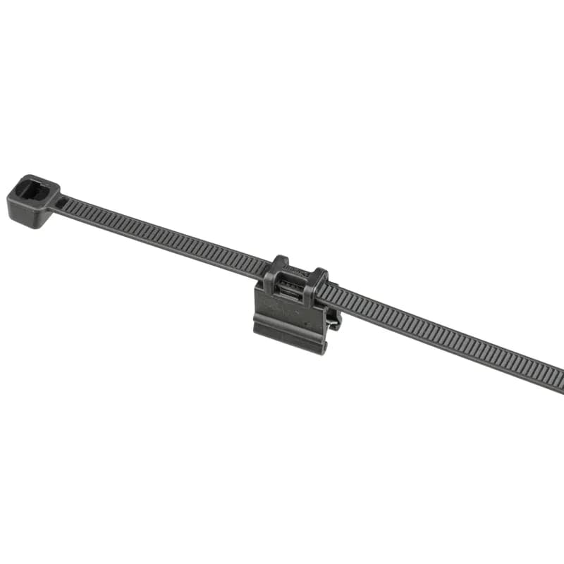 Panduit SVEB12-2S-D0 Solar-Version Edge Clip Cable Tie Assemblies are ideal for mounting to the edge of a solar module frame and use the cable tie to suspend PV wire runs. Edge Clip mount is made of weather resistant Nylon 6.6 housing and a zinc-plated steel clip. For frame edge .028" (.7mm) to .118" (3mm) thick. Pre-assembled with a contractor-grade cable tie made of weather-resistant nylon 6.6 on top face of mount and positions wire runs perpendicular to frame edge. 500 pieces per bag.
