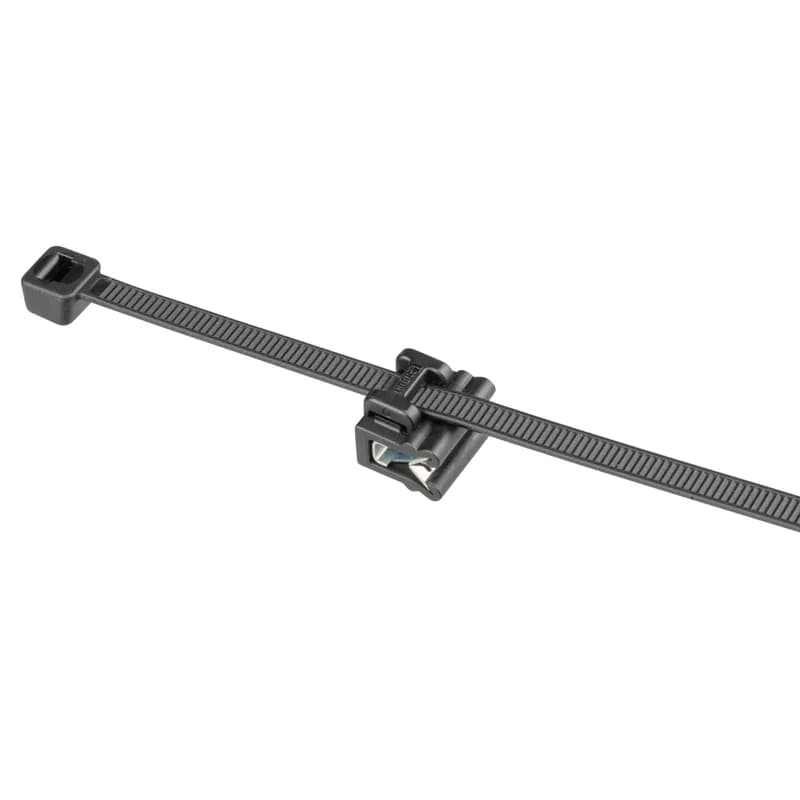 Panduit SVSA12-2S-D0 Solar-Version Edge Clip Cable Tie Assemblies are ideal for mounting to the edge of a solar module frame and use the cable tie to suspend PV wire runs. Edge Clip mount is made of weather resistant Nylon 6.6 housing and a zinc-plated steel clip. For frame edge .028" (.7mm) to .118" (3mm) thick. Pre-assembled with a contractor-grade cable tie made of weather-resistant nylon 6.6 on side face of mount and positions wire runs parallel to frame edge. 500 pieces per bag.