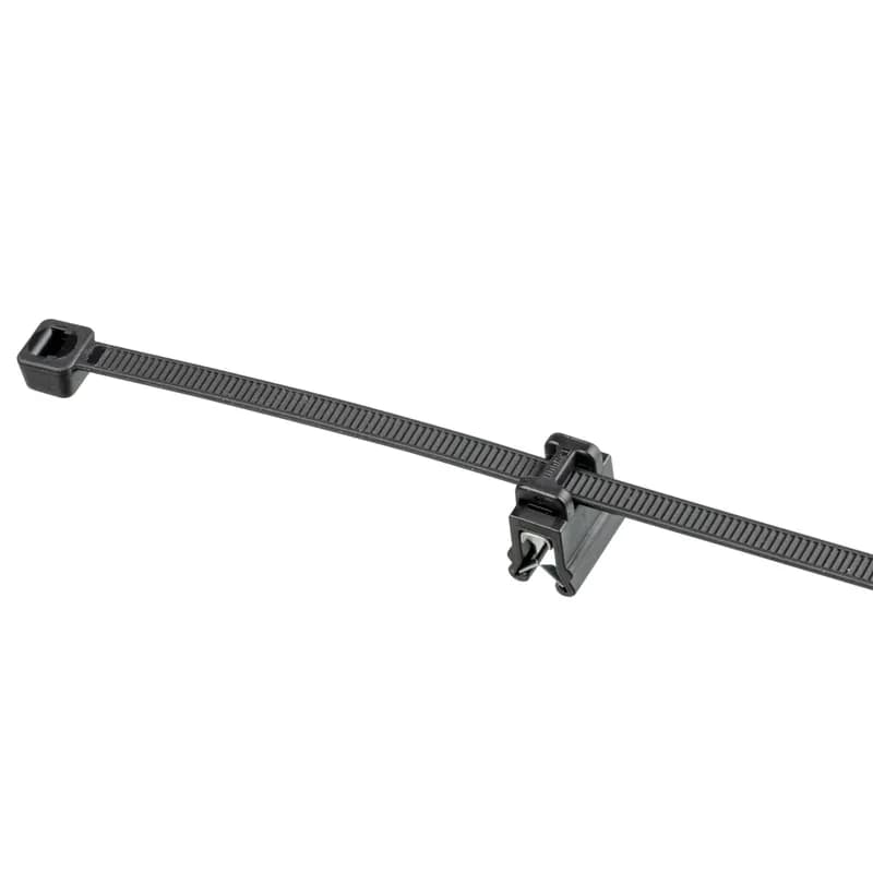 Panduit SVEA12-2S-C0 Solar-Version Edge Clip Cable Tie Assemblies are ideal for mounting to the edge of a solar module frame and use the cable tie to suspend PV wire runs. Edge Clip mount is made of weather resistant Nylon 6.6 housing and a zinc-plated steel clip. For frame edge .028" (.7mm) to .118" (3mm) thick. Pre-assembled with a contractor-grade cable tie made of weather-resistant nylon 6.6 on top face of mount and positions wire runs parallel to frame edge. 100 pieces per bag.