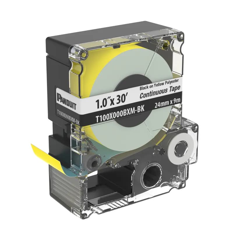 Panduit T100X000BXM-BK - The T100X000BXM-BK Continuous Tape Cassette includes both label material and ribbon for easy changeover. Print custom pipe markers, voltage markers, signs, bin markers, and network identification labels on demand. For flat label applications only. For use with the MP300, MP200 and MP100 printers. Polyester. 0.945" x 30' (24 mm x 9.1 m). Color Black on Yellow. 1 cassette per package.