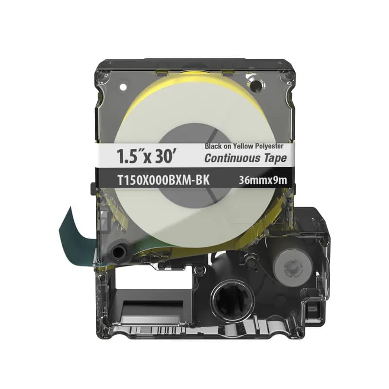 The T150X000BXM-BK Continuous Tape Cassette includes both label material and ribbon for easy changeover. Print custom pipe markers, voltage markers, signs, bin markers, and network identification labels on demand. For flat label applications only. For use with the MP300 printer. Polyester. 1.417" x 30' (36 mm x 9.1 m). Color Black on Yellow. 1 cassette per package.