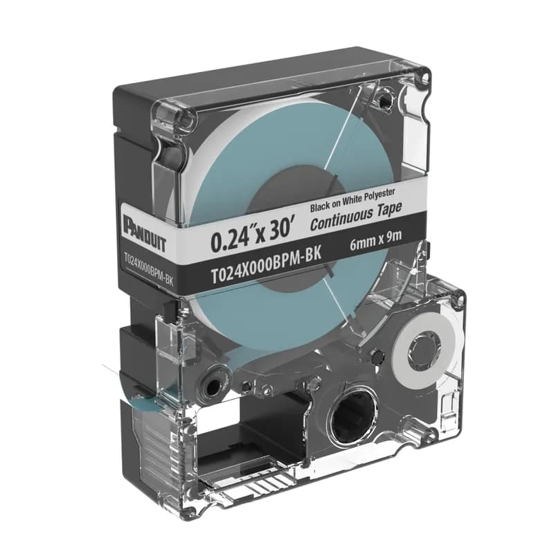 Panduit T024X000BPM-BK - The T024X000BPM-BK Continuous Tape Cassette includes both label material and ribbon for easy changeover. Print custom pipe markers, voltage markers, signs, bin markers, and network identification labels on demand. For flat label applications only. For use with the MP300, MP200, MP100, and MP75 printers. Polyester. 0.229" x 30' (5.82 mm x 9.1 m). Color Black on White. 1 cassette per package.