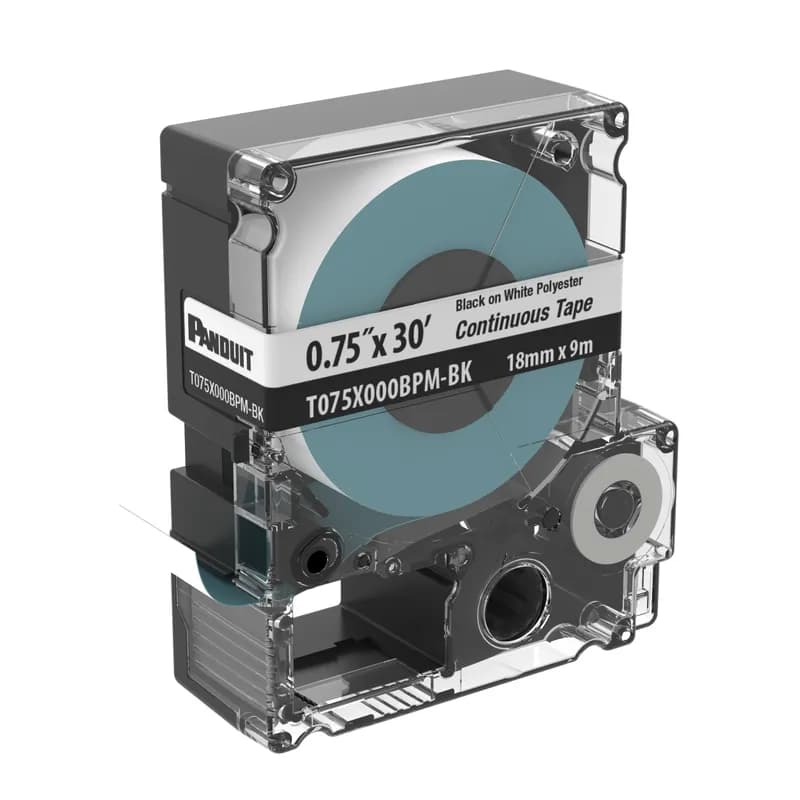 The T075X000BPM-BK Continuous Tape Cassette includes both label material and ribbon for easy changeover. Print custom pipe markers, voltage markers, signs, bin markers, and network identification labels on demand. For flat label applications only. For use with the MP300, MP200, MP100, and MP75 printers. Polyester. 0.710" x 30' (18 mm x 9.1 m). Color Black on White. 1 cassette per package.