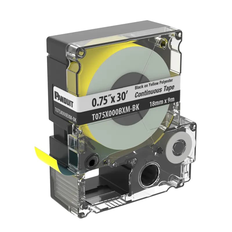 Panduit T075X000BXM-BK - The T075X000BXM-BK Continuous Tape Cassette includes both label material and ribbon for easy changeover. Print custom pipe markers, voltage markers, signs, bin markers, and network identification labels on demand. For flat label applications only. For use with the MP300, MP200, MP100, and MP75 printers. Polyester. 0.710" x 30' (18 mm x 9.1 m). Color Black on Yellow. 1 cassette per package.