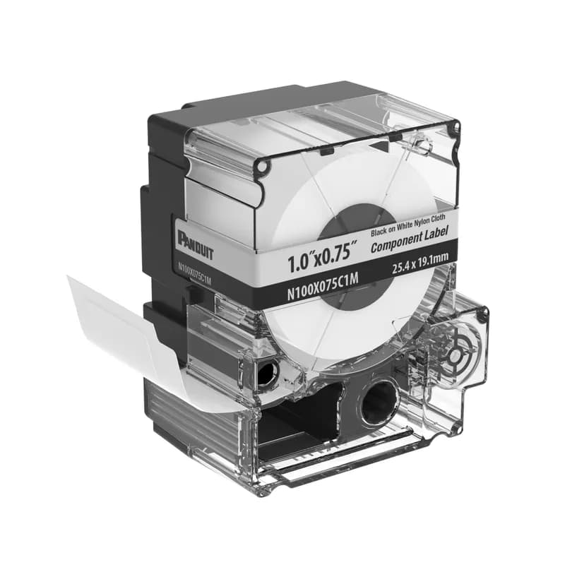 Panduit N100X075C1M - The N100X075C1M Cassette includes both label material and ribbon for easy changeover. For use with the MP300 Printer. Nylon Cloth. 1.00" x 0.75" (25.4 mm x 19.05 mm). Color Black on White. 275 labels per cassette. 1 cassette per package.