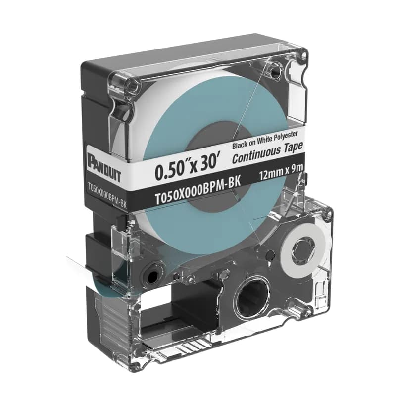 Panduit T050X000BPM-BK - The T050X000BPM-BK Continuous Tape Cassette includes both label material and ribbon for easy changeover. Print custom pipe markers, voltage markers, signs, bin markers, and network identification labels on demand. For flat label applications only. For use with the MP300, MP200, MP100, and MP75 printers. Polyester. 0.472" x 30' (12 mm x 9.1 m). Color Black on White. 1 cassette per package.