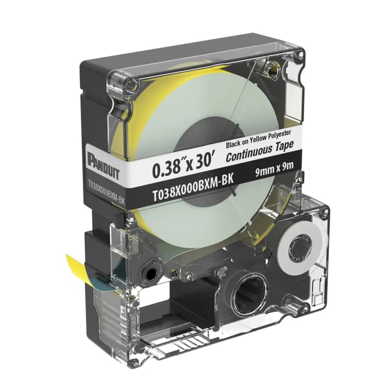 Panduit T038X000BXM-BK - The T038X000BXM-BK Continuous Tape Cassette includes both label material and ribbon for easy changeover. Print custom pipe markers, voltage markers, signs, bin markers, and network identification labels on demand. For flat label applications only. For use with the MP300, MP200, MP100, and MP75 printers. Polyester. 0.354" x 30' (9 mm x 9.1 m). Color Black on Yellow. 1 cassette per package.