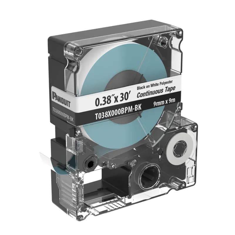 Panduit T038X000BPM-BK - The T038X000BPM-BK Continuous Tape Cassette includes both label material and ribbon for easy changeover. Print custom pipe markers, voltage markers, signs, bin markers, and network identification labels on demand. For flat label applications only. For use with the MP300, MP200, MP100, and MP75 printers. Polyester. 0.354" x 30' (9 mm x 9.1 m). Color Black on White. 1 cassette per package.