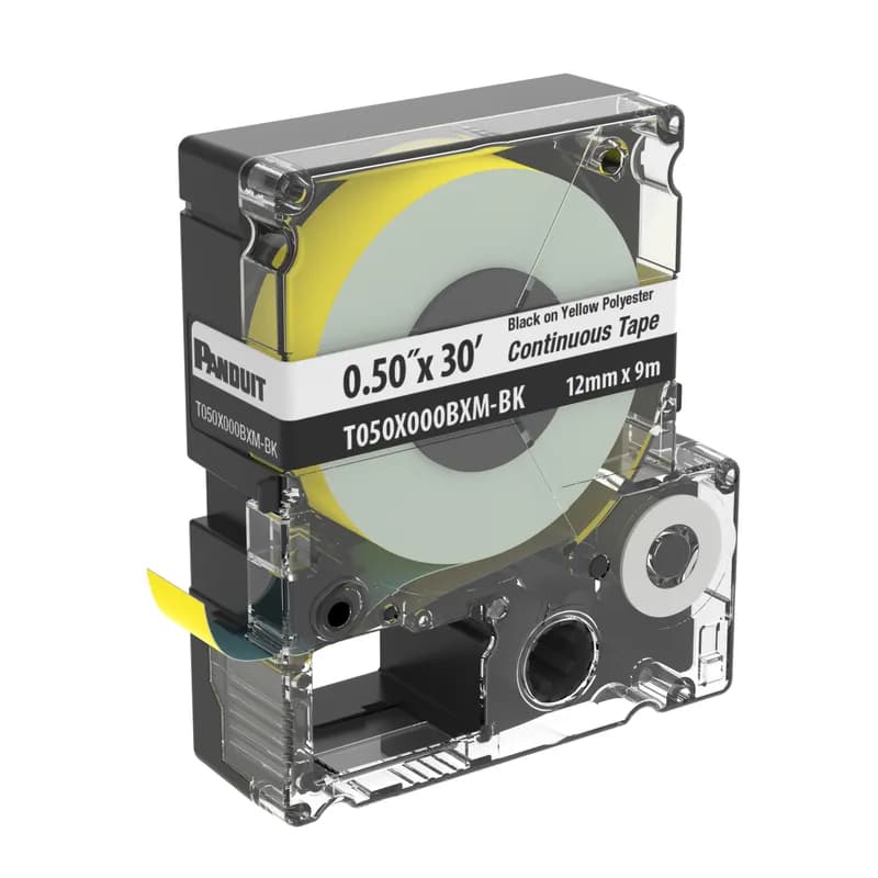 Panduit T050X000BXM-BK - The T050X000BXM-BK Continuous Tape Cassette includes both label material and ribbon for easy changeover. Print custom pipe markers, voltage markers, signs, bin markers, and network identification labels on demand. For flat label applications only. For use with the MP300, MP200, MP100, and MP75 printers. Polyester. 0.472" x 30' (12 mm x 9.1 m). Color Black on Yellow. 1 cassette per package.