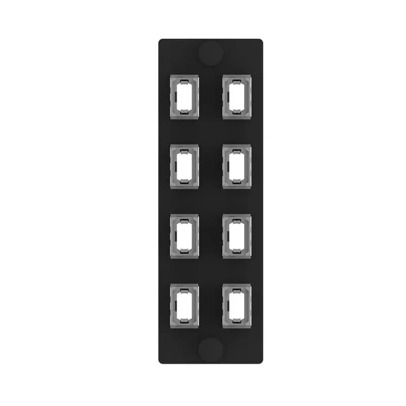 The Opticom MPO fiber adapter panel is loaded with 8 MPO fiber optic adapters. The fiber optic adapters are in the key-up/key-up position, type b polarity and are charcoal gray in color. The MPOs are positioned in a vertical arrangement when looking head-on on a vertical-orientated faceplate.