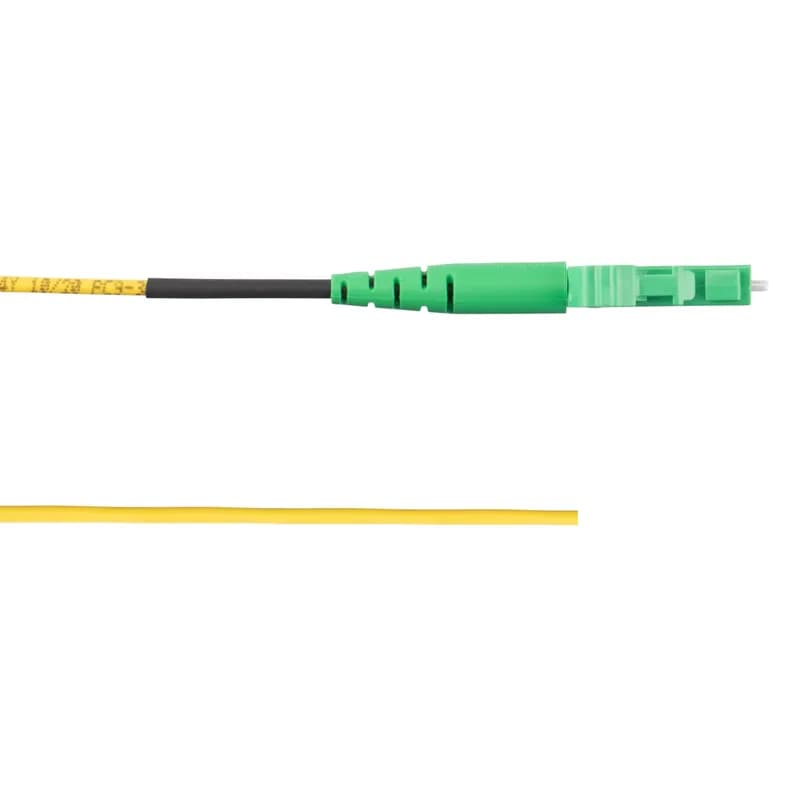 The pigtail fiber patch cord is OS1/OS2 with one 900 fiber. It has no jacket, features one LC/APC Green Simplex connector on one end and one un-terminated pigtail on the other end, has standard insertion loss and is 1 meter in length.