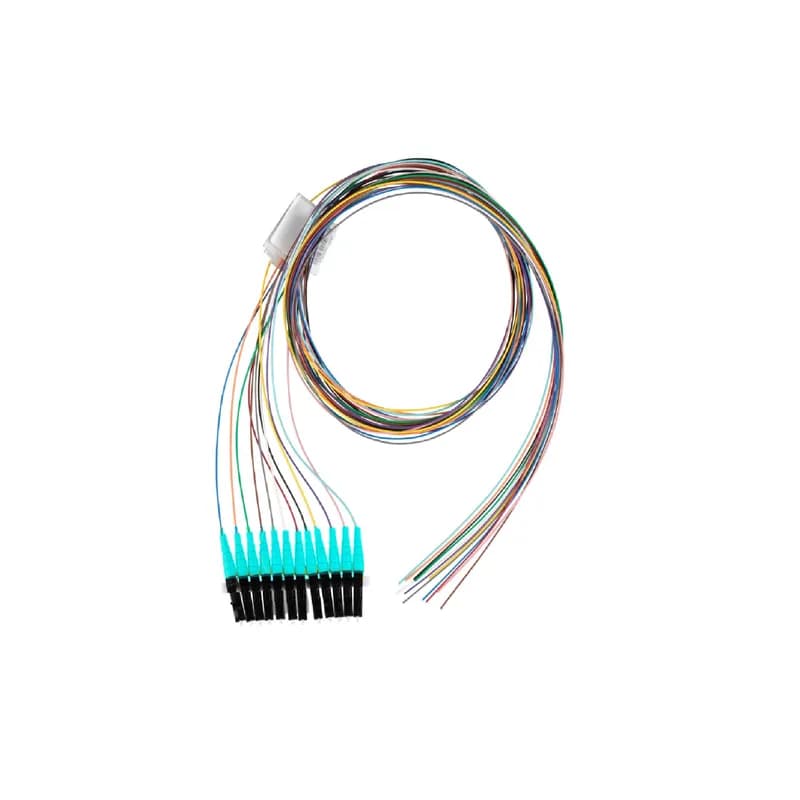 The Opti-Core simplex pigtail fiber patch cord is OM4 with 12 900 tightly-buffered pigtails, with each fiber individually colored per EIA/TIA 568 standards. It has no jacket, features LC Simplex connectors on one end and un-terminated pigtails on the other end, has standard insertion loss and is 1 meter in length.