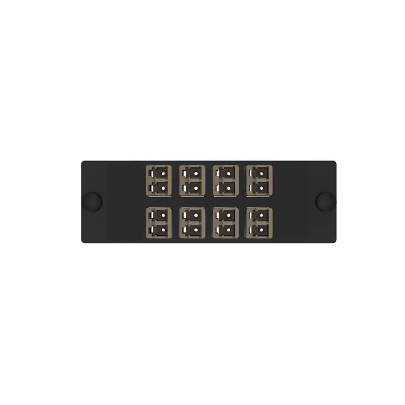 The Opticom LC fiber adapter panel is OM4 and is loaded with 8 LC duplex fiber optic adapters. The fiber optic adapters are Keyed L-Light Brown on the user side and Non-keyed on the service side and has zirconia split sleeves.