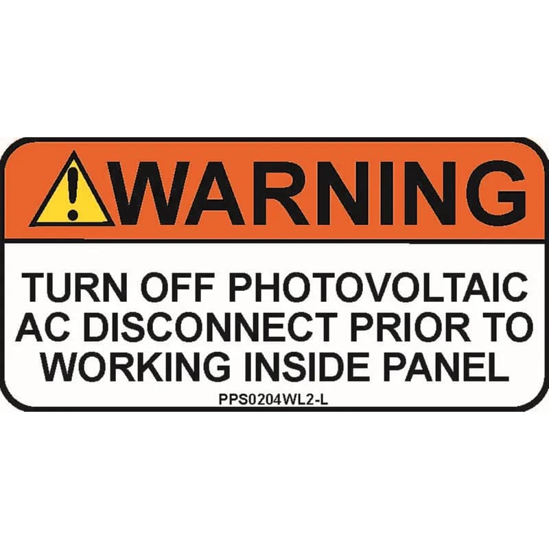 Solar labels are designed for long-term reliability in labeling applications subjected to high ultra violet light exposure. These labels provide reliability in both indoor and outdoor applications and have a clear overlaminate to function in harsh US and Canada environments. Solar Label, 2.00" H x 4.00" W, Warning Header, 'Turn Off Photovoltaic AC Disconnect Prior to Working Inside Panel' (Legend) with Yellow Caution Symbol, Polyester Adhesive, Black/White/Orange, 50 Labels/Package.