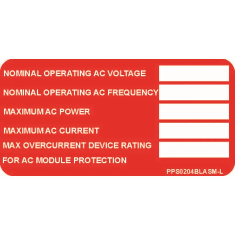 Solar labels are designed for long-term reliability in labeling applications subjected to high ultra violet light exposure. These labels provide reliability in both indoor and outdoor applications and have a clear overlaminate to function in harsh US and Canada environments. Solar Label, 2.00" H x 4.00" W, AC Solar Module, 'Nominal Operating AC Voltage' (Legend), Polyester Adhesive, White/Red, 50 Labels/Package.