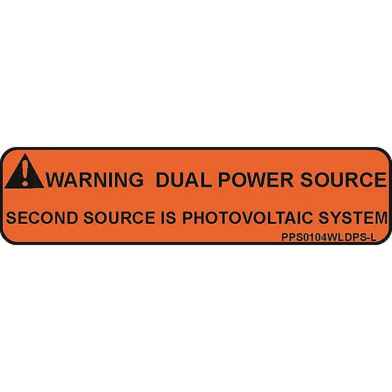 Solar labels are designed for long-term reliability in labeling applications subjected to high ultra violet light exposure. These labels provide reliability in both indoor and outdoor applications and have a clear overlaminate to function in harsh US and Canada environments. Solar Label, 1.00" H x 4.00" W, Warning Header, 'Dual Power Source Second Source is Photovoltaic System' (Legend) with Caution Symbol, Polyester Adhesive, Black/Orange, 50 Labels/Package.