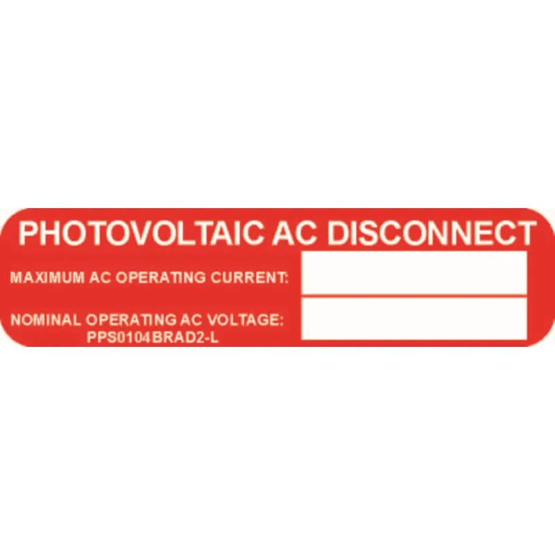 Solar labels are designed for long-term reliability in labeling applications subjected to high ultra violet light exposure. These labels provide reliability in both indoor and outdoor applications and have a clear overlaminate to function in harsh US and Canada environments. Solar Label, 1.00" H x 4.00" W, 'Photovoltaic AC Disconnect, Maximum AC Operating Current, Nominal Operating AC Voltage' (Legend), Reflective Vinyl Adhesive, White/Red, 50 Labels/Package.