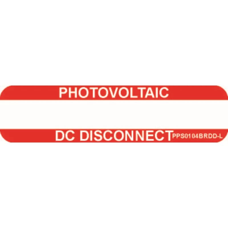 Solar labels are designed for long-term reliability in labeling applications subjected to high ultra violet light exposure. These labels provide reliability in both indoor and outdoor applications and have a clear overlaminate to function in harsh US and Canada environments. Solar Label, 1.00" H x 4.00" W, 'Photovoltaic DC Disconnect' (Legend), Reflective Vinyl Adhesive, White/Red, 50 Labels/Package.