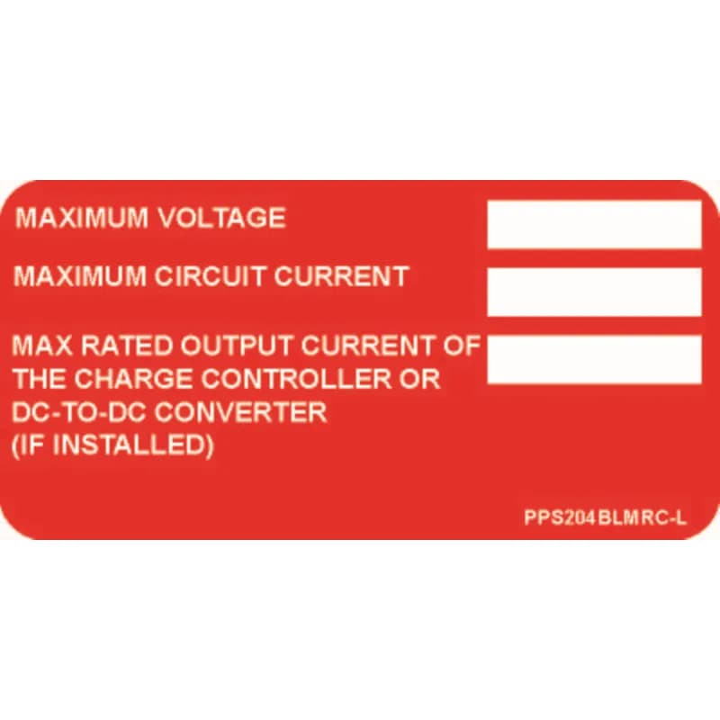 Panduit PPS0204BLMRC-L - Solar labels are designed for long-term reliability in labeling applications subjected to high ultra violet light exposure. These labels provide reliability in both indoor and outdoor applications and have a clear overlaminate to function in harsh US and Canada environments. Solar Label, 2.00" H x 4.00" W, 'Max Rated Output Current' (Legend), Polyester Adhesive, White/Red, 50 Labels/Package.