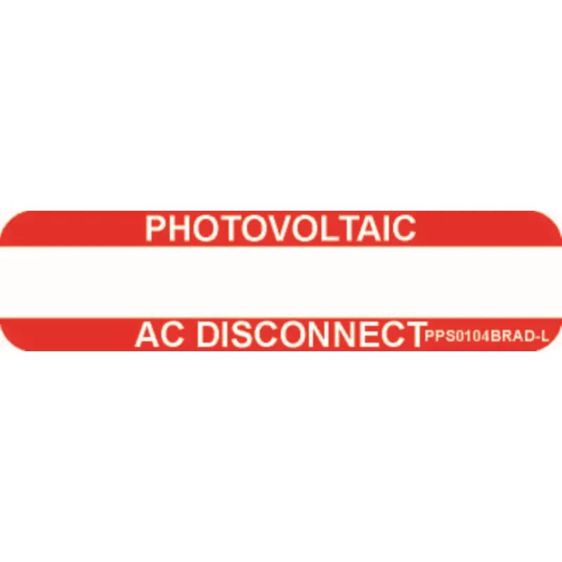 Solar labels are designed for long-term reliability in labeling applications subjected to high ultra violet light exposure. These labels provide reliability in both indoor and outdoor applications and have a clear overlaminate to function in harsh US and Canada environments. Solar Label, 1.00" H x 4.00" W, 'Photovoltaic AC Disconnect' (Legend), Reflective Vinyl Adhesive, White/Red, 50 Labels/Package.