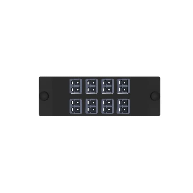 The Opticom LC fiber adapter panel is OM4 and is loaded with 8 LC duplex fiber optic adapters. The fiber optic adapters are Keyed F-Dark Blue on the user side and Non-keyed on the service side and has zirconia split sleeves.