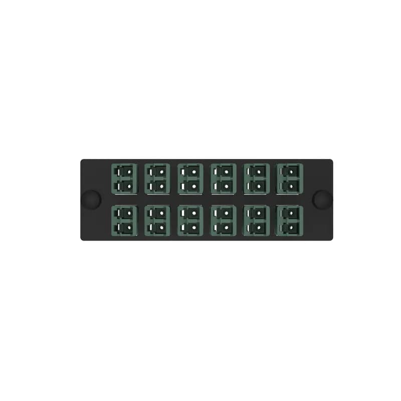 The Opticom LC fiber adapter panel is OM4 and is loaded with 12 LC duplex fiber optic adapters. The fiber optic adapters are Keyed C-Green on the user side and Non-keyed on the service side and has zirconia split sleeves.
