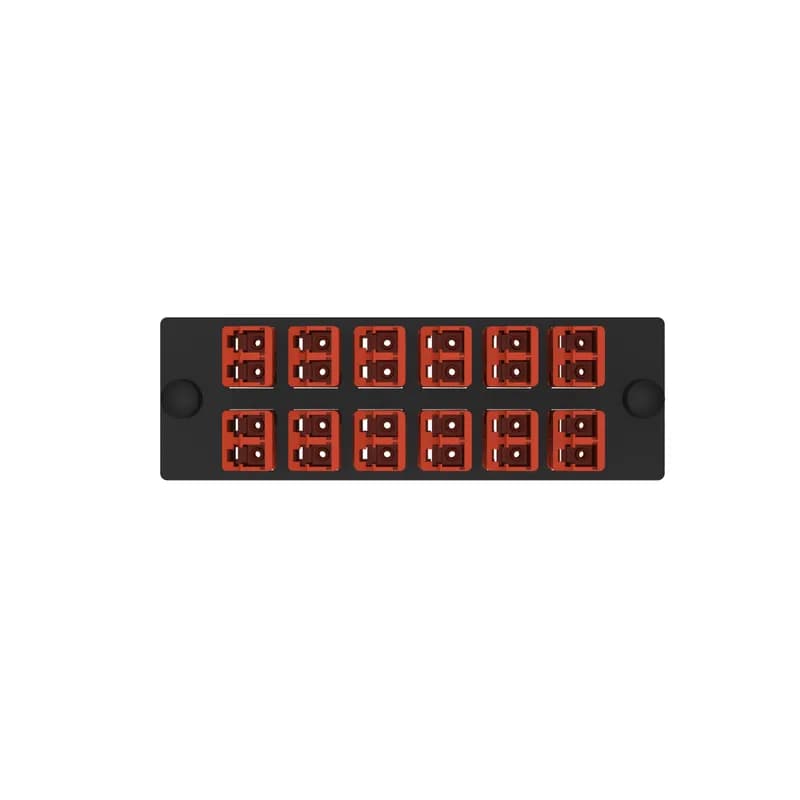 Panduit FAP12WBRDRDDLCZ - The Opticom LC fiber adapter panel is OM4 and is loaded with 12 LC duplex fiber optic adapters. The fiber optic adapters are Keyed B-Red on the user side and Non-keyed on the service side and has zirconia split sleeves.