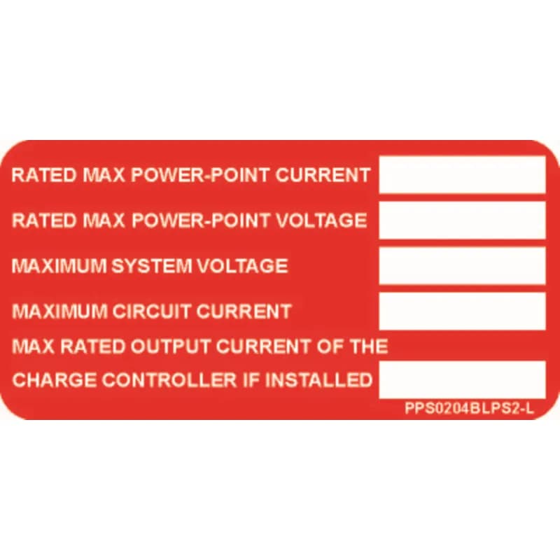 Solar labels are designed for long-term reliability in labeling applications subjected to high ultra violet light exposure. These labels provide reliability in both indoor and outdoor applications and have a clear overlaminate to function in harsh US and Canada environments. Solar Label, 2.00" H x 4.00" W, 'Rated Max Power-Point Current' (Legend), Polyester Adhesive, White/Red, 50 Labels/Package.