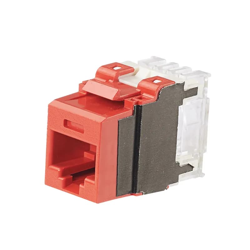 Panduit NK6X88MRD-Q - The NetKey Cat 6A UTP RJ45 Punchdown Keystone Jack Module is designed to terminate 4-pair, 22-26 AWG twisted pair cable. Each jack is 100% factory tested to exceed industry standard performance requirements. Contacts are plated with 50 microinches of gold for superior performance. Jacks are individually serialized, and are compatible with keystone interfaces such as NetKey Faceplates, Modular Patch Panels, and Surface Mount Boxes. The module is red and includes 25 per package.