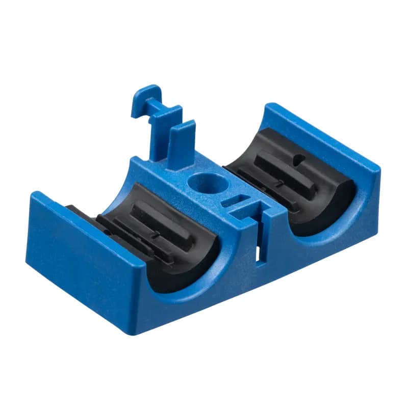 Panduit HV15CC2-C376 - Panduit HV15CC2-C376 is a two-position half clamp that pairs with another to form a fully secured cable clamp. These come with rubber compressible inserts to accommodate .43" to .59" (11-15mm) range-taking over cables, pipes or others. Housings are made of heat-stabilized glass-filled nylon blue in color. Rubber cushion inserts are black in color. These are sold in packages of 100 pieces (bag contents provide 50 finished clamps).