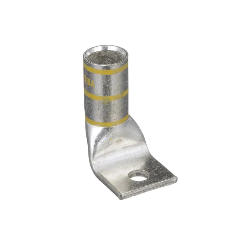 One-hole, standard barrel with window lug, 250 kcmil cable, 90 angle tongue, 5/16 stud hole.