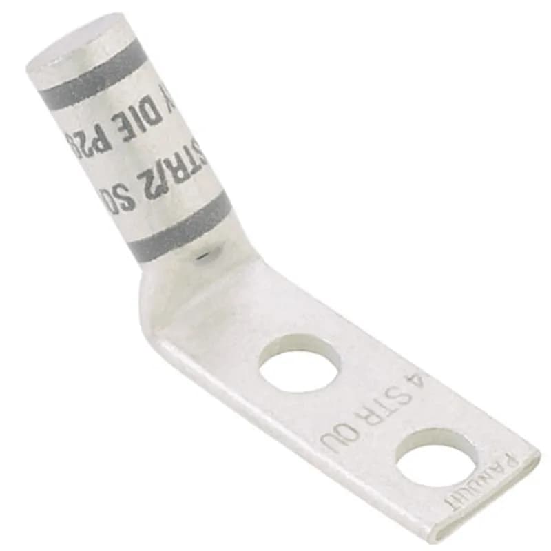 Two-hole, flex lug, #8 AWG wire, #10 stud hole, .63 hole spacing, 45 angle tongue.