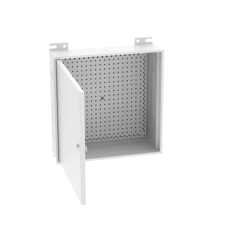 Multi-Purpose In-ceiling Enclosure, designed to be located in an air handling space above a drop ceiling. Provides a central distribution consolidation point and houses transition points for copper, fiber, and ONT devices. Recessed mounting, Powder Coated door, keyed door lock, White
