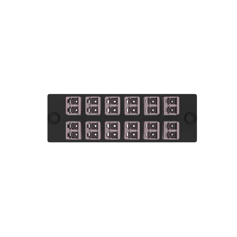 The Opticom LC fiber adapter panel is OM4 and is loaded with 12 LC duplex fiber optic adapters. The fiber optic adapters are Keyed J-Rose on the user side and Non-keyed on the service side and has zirconia split sleeves.