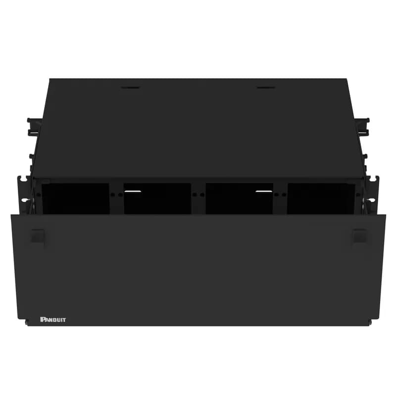 The Panduit Opticom Rack Mount Enclosure ensures network reliability by housing, organizing, managing and protecting up to 384 fiber optic cable terminations, splices, connectors and patch cords. The FRE4UBL is black, made of steel and uses up to 16 FAP adapter panels, 16 Opticom cassettes, 32 HD Flex cassettes or FOSM splice modules in a 4 RU footprint. Fibers are easily accessible through front pullout drawer and a removable back cover. 6.97"H x 19"W x 15.63"D (177.0mm x 482.0mm x 397.0mm)