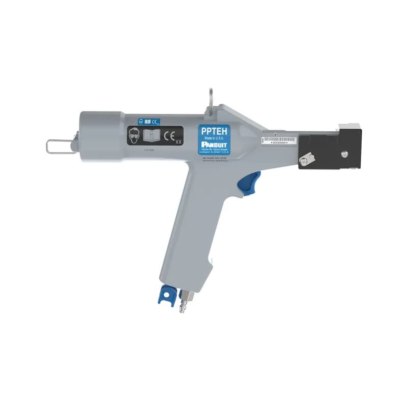 Panduit PPTEH - Panduit offers the most preferred hand-operated tools in the industry. The PPTEH Pneumatic Cable Tie Hand Tool has an ergonomic design that promotes worker safety, reduces downtime, and increases productivity. For use with light-heavy, heavy and extra heavy cross section cable ties. Blue trigger handle with gray metal housing. Weight is 52 ounces (1474 g) and is sold individually.